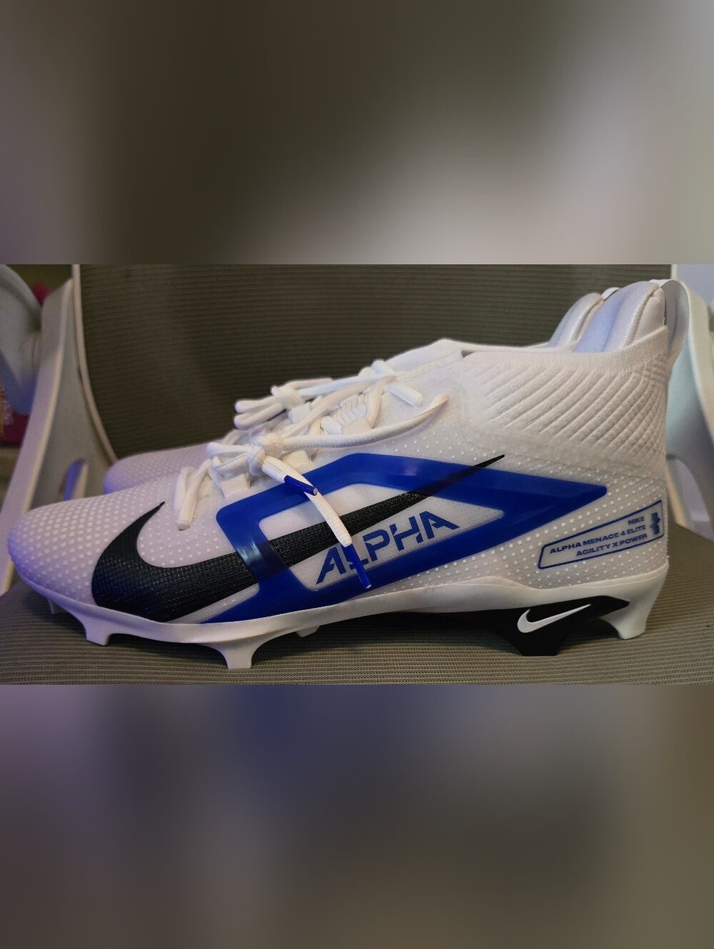 Nike Alpha Menace 4 Elite Football Cleats (Clean White/Black/Navy Blue) Size 14